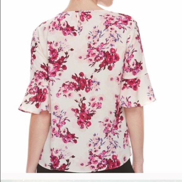Elle Pink Floral Ruffle Shirt Sleeve Poly Top M - Picture 2 of 8